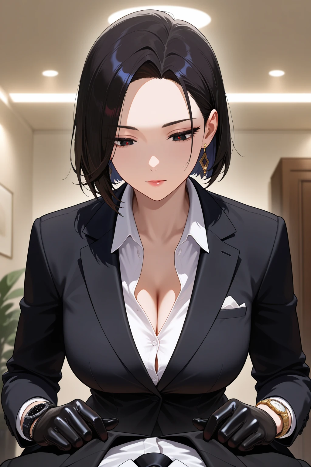 masterpiece, best quality, sunset, cowboy shot, mature woman, bob hairstyle, black hair, mature face, hot face, sharp eyes, perfect body, hazel eyes, business clothes, looking at viewer, very close to viewer, face to face, tough appearance, in the office
((looking serious), oversized earrings, earrings , cleavage,full body view , delicate necklace ,red lipstick