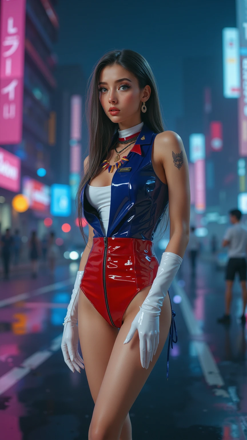 An anime girl posing for photos on a blurred dark background f1.2. Masterpiece, (Character Viola anime:ONE PIECE) ultra HD, 8k, photography style, sexy, 100% realistic textures. Cool colors like movie at night, cinematic, best quality, professional realistic photography style.