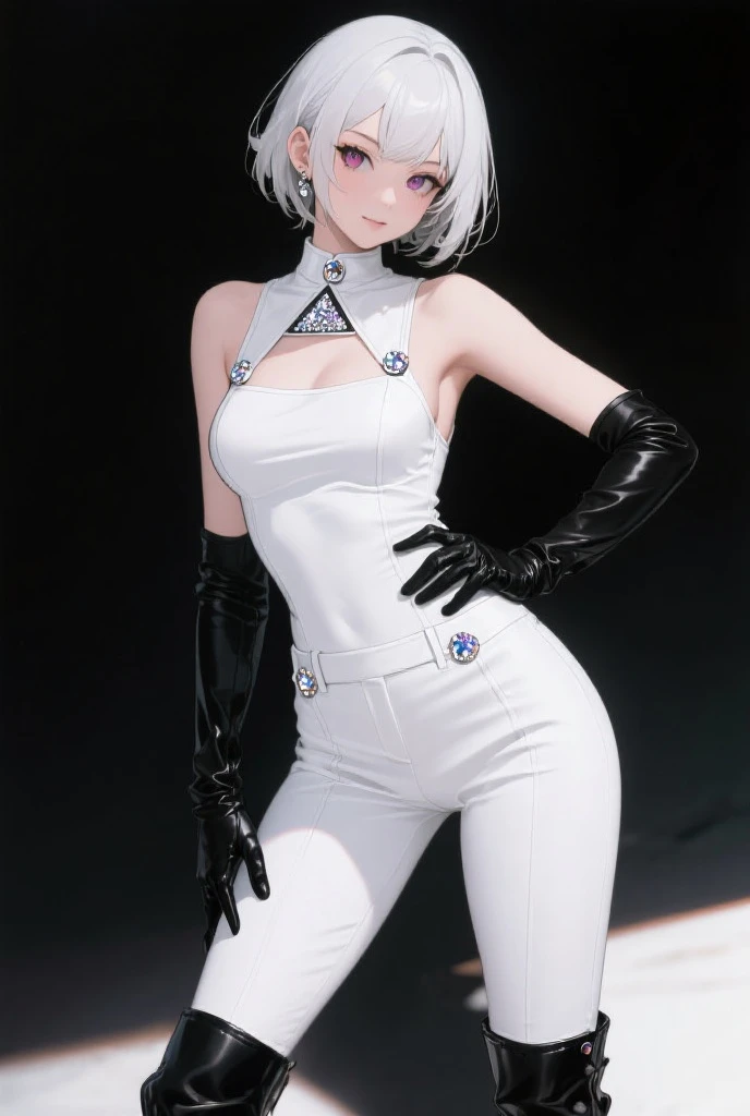 Best, Masterpiece, High Resolution, Best Quality, Ultra HD, Super Detail, Award-Standing, 16k, (Upper Body), Anatomically Correct, Beautiful Shota, Gray Hair, Hair, ((Heterochromia)), Hanging Eye Corners, Fair Skin, (Shota), (Slim Body), Sportswear Coat, ((Sportswear)), Stud Earrings, (Neck Rings), (Very, Very Short Gloves)