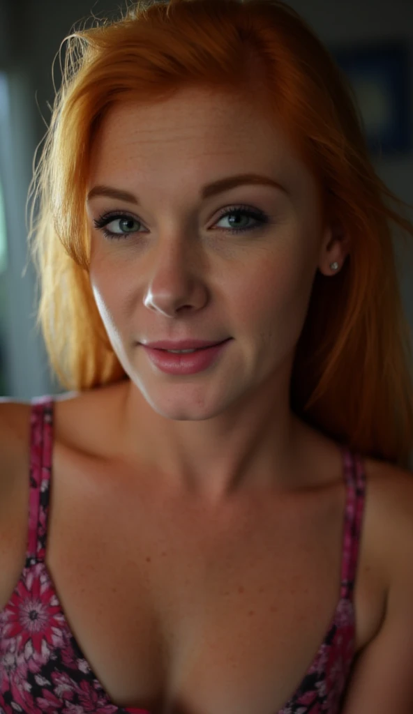 (Soft Lighting Photography by Mimoza Veliu and Mario Giacomelli:1.2), NSFW, portrait, upper body, close up, cute woman, beautiful, 20 years old, green eyes, (black bold eyeliner, makeup:1.3), freckles, soft smile, shoulder length ginger hair at side, ear, see through loose blouse, cleavage, kneeling, living room, knee high socks, body, beautiful legs, realistic soft skin, looking at viewer, from above, pov, nipples, blowjob, hyper detailed, analog photo, Cinematic,