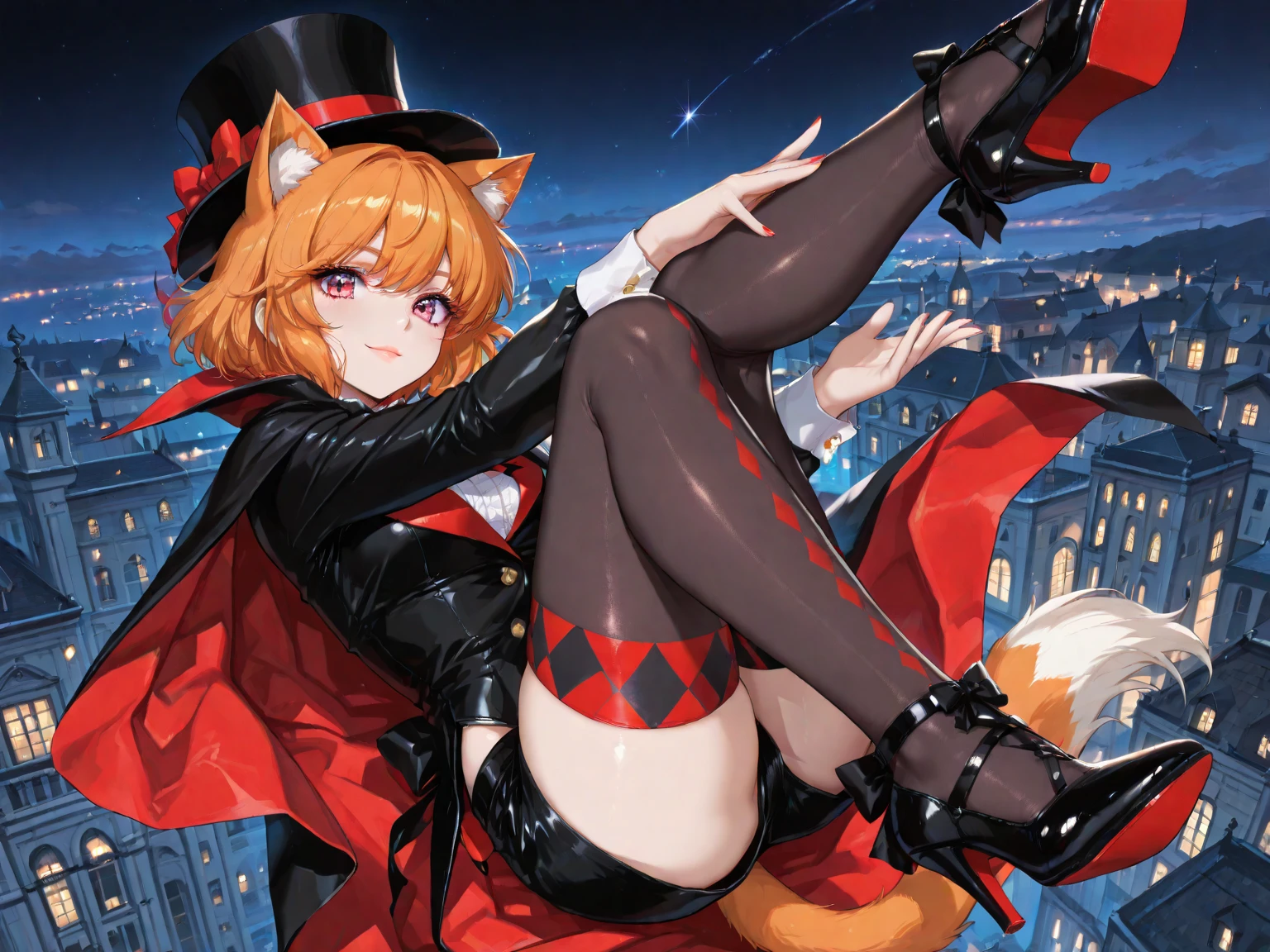 masterpiece, soft shading, 1boy, Furry, furry cat, anthropomorphic, male, red fur, red skin, blue eyes, magical girl theme, revealing clothes, blue magical girl outfit, sexy outfit, revealing outfit, femboy, fantasy city, uploaded on e621, bulge, standing