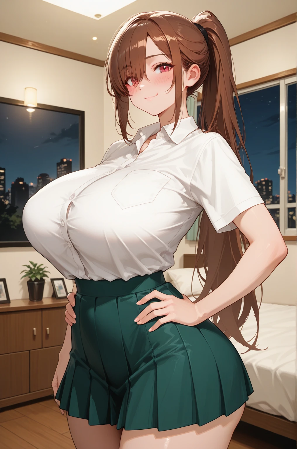 2D, masterpiece, masterpiece, Highest quality, anime, Highly detailed face, Highly detailed eyes, Highly detailed background, Perfect lighting, whole body, 1 Girl, alone, Collared shirt, Green Sweater, Black Skirt, pantyhose,Photo ID card, Embarrassing, smile, Are standing, office 、Take off、Big cleavage、 (night:1.8, 深nightの灯りが消えたOffice:1.8)