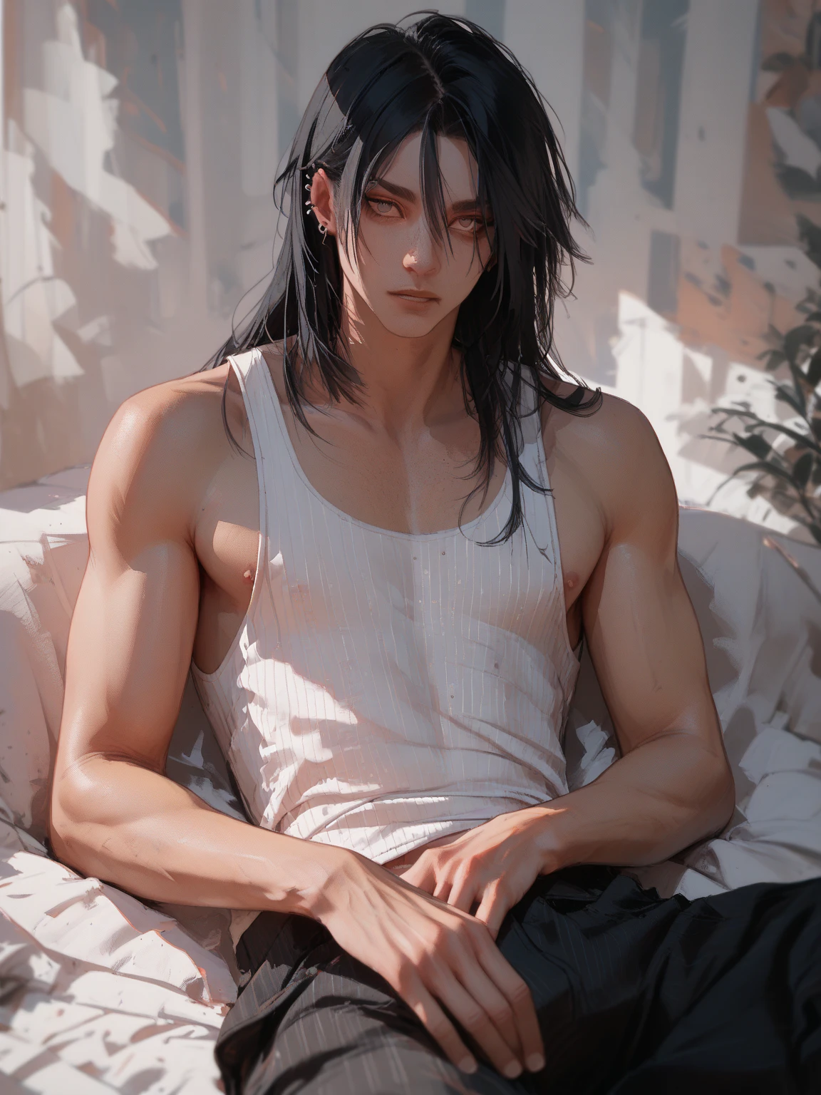 A teenage boy with long black hair is lying unconscious on the stone floor, everything is shrouded in fog.The guy opens his eyes a little