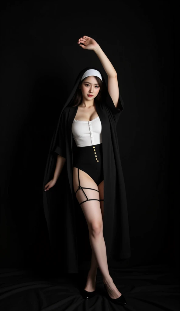 (full body:2),(1girl:1.3),(view the viewer:1.4),(anatomy correct:1.4),(pantyhose and pointed thick heels :1.3),(Dancing in the living room:1.2),(Chinese Nun suit:1.3),(Extra Long blonde Hair:1.2),(Accurate and perfect face:1.3),(Long legs and big feet:1.3),((((Skin reflection , Skin Gloss))):1.2),hyper HD, Ray traching, reflective light, structurally correct, Award-Awarded, high detail, lighten shade contrast, Face lighting ,cinematic lighting, masterpiece, super detailing, high quality, high detail, best quality, 16k,High contrast,