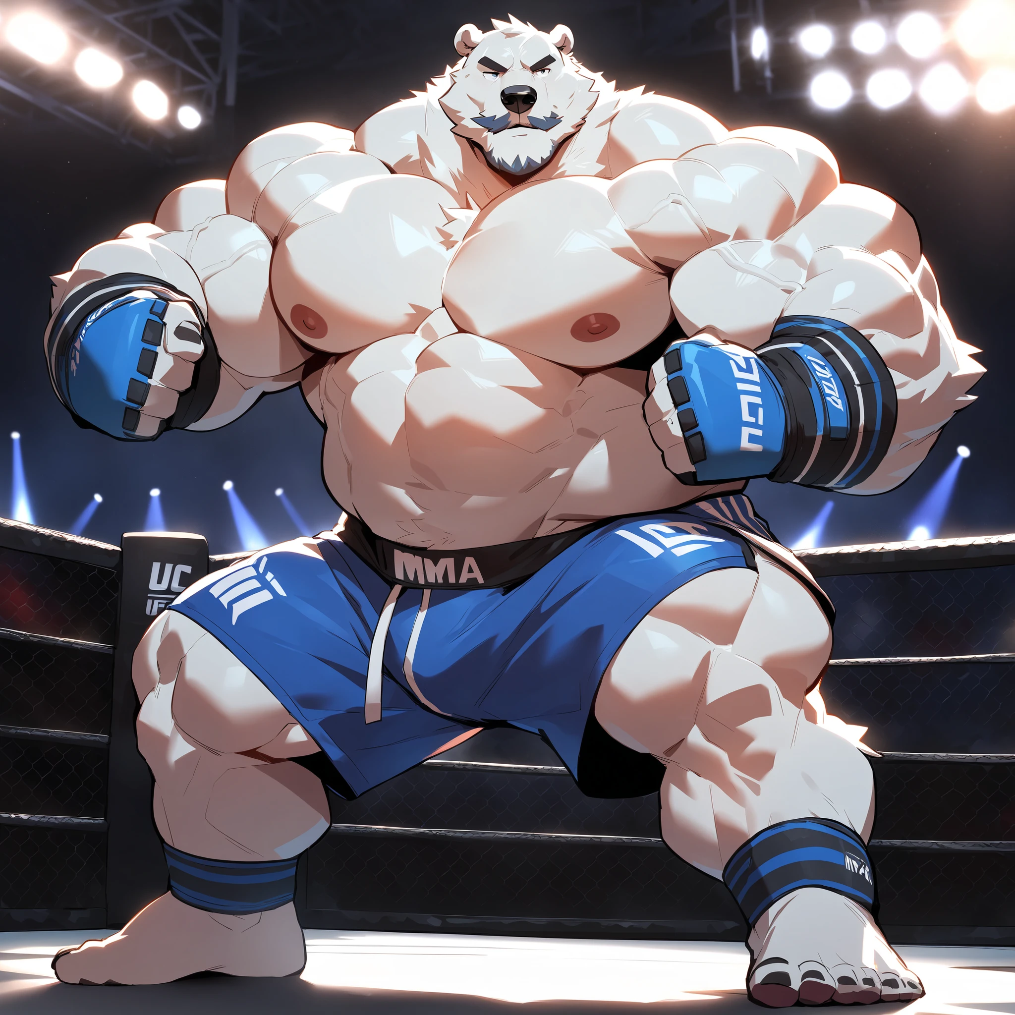 solo, 1boy, Huge Muscular Daddy White Polar Bear wearing glasses, huge white fur, pectoral, huge pectoral, wide pectoral, short white hair, blue colored gym short pants, blue colored wrapped hands and shirtless and toppless, white bearded, white Mustache, white fur, gym background, boxing training, veins popping masterpiece, high detailed, 8k, high resolution, at the gym, sparring 