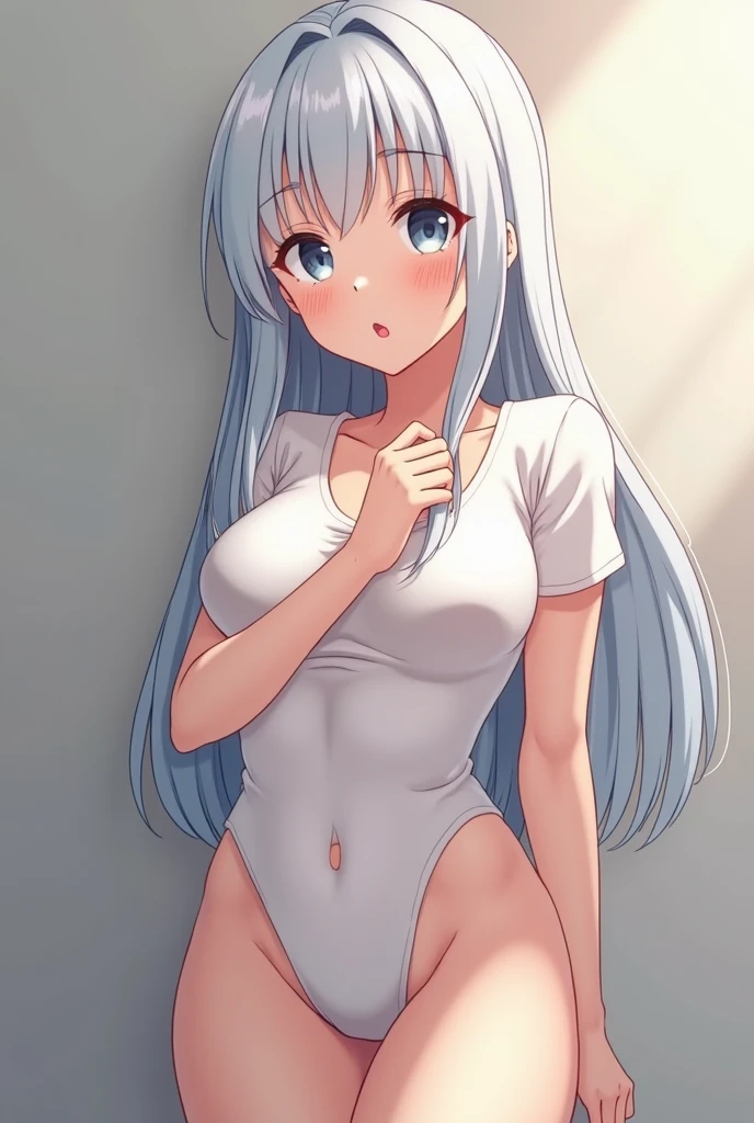 Generates a silver-haired girl with a ponytail and blue eyes with big thighs Anime version