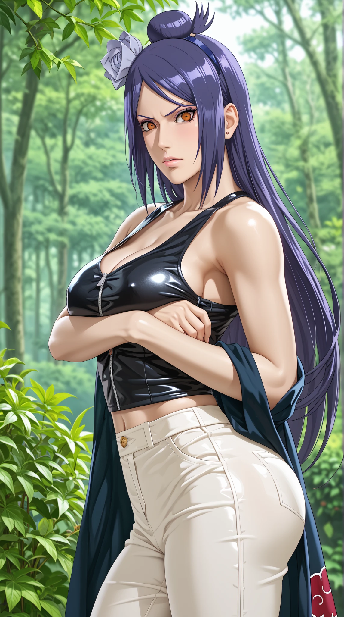 （8k, RAW photos, minino：1.1） ，female，（looki at viewer company），cowboy lens，Japanese， hinata uzumaki\（Naruto\），（purple bikini：1.1），La Brett Piercing，cleavage，(((purple bikini)))，smile，Be red on the face, full body photo, standing, lean, muscular legs, muscular belly. purple hair，Professional lighting、photon mapping、physics-based rendering、dark theme，in front of a waterfall