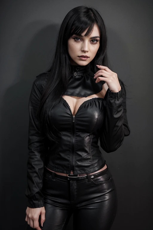 (masterpiece), best quality, expressive eyes, perfect face, 1woman, blue shade hair, loose waves hair, long hair, russian, leather shorts, leather top, crop top, open neckline, thick thighs, tight stockings, blue eyes, black armor, black lipstick, x-men, thong,
