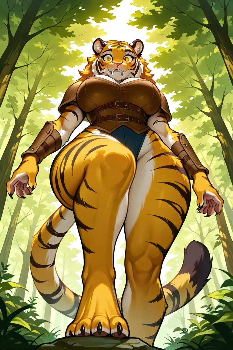1 solo milf bimbo tiger print mask, animal tiger outfit, leather collar choker neck bell, cleavage, sitting on green grass, large breasts, looking at viewer, navel, neck bell ๐ (paw gloves like hands= paws on hands, paws on hips, tiger tail, tiger fluffy ears) thigh highs, thick thighs high, wide hips
