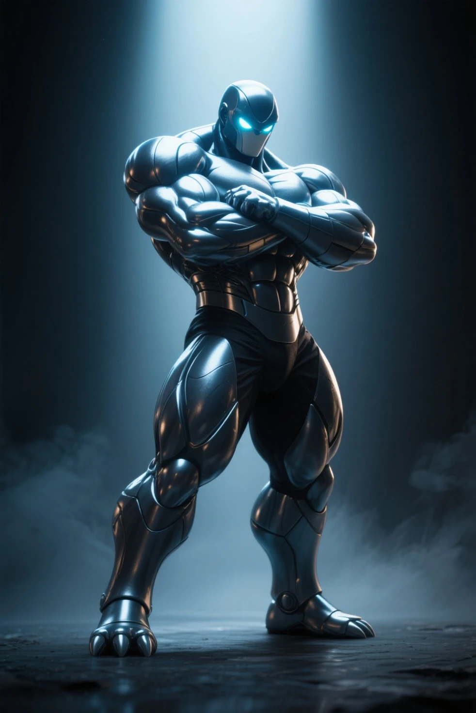 Rendered in ultra high definition, a muscular figure embodies the essence of a space elemental. His chiseled physique is accentuated by the slim-fitting briefs that reveal every muscle and sinew. His toned torso glows with an ethereal light, suggestive of cosmic energies pulsing within him. His face, etched with intricate details and expressive features, exudes intense focus and determination. His eyes, sharp and bright, are like diamonds reflecting the vast expanse of the universe. Surrounding him are intricately detailed swirls of galaxies, nebulae, and stars that blend seamlessly with his muscular form. By the master