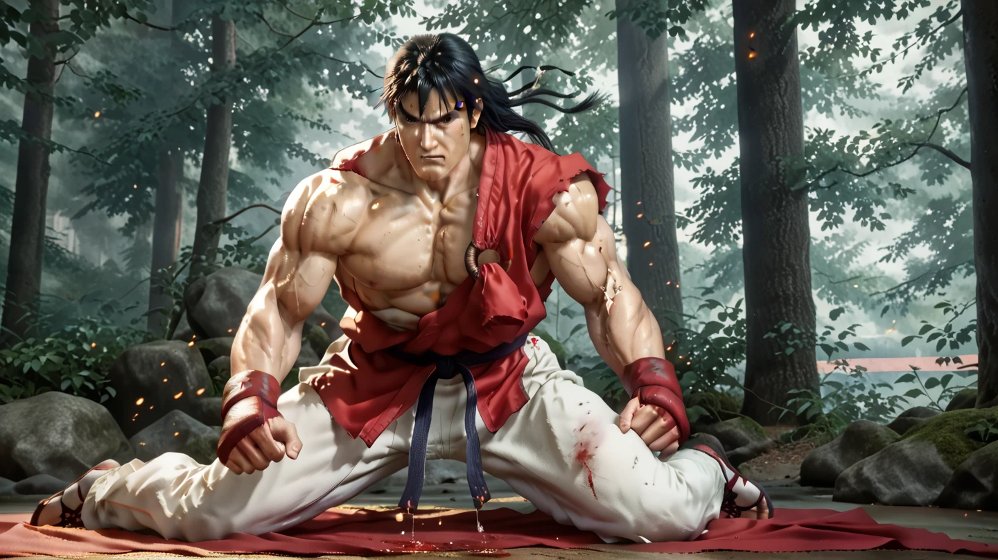 Street fighter ryu, frontal view, bushy eye brows, full body