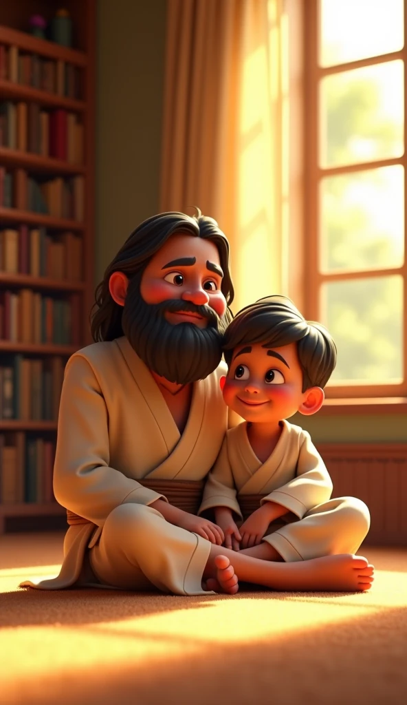 A 3D image in Disney-Pixar style of Jesus as a  teenager playing one of his friends broke his ankle and jesus went to see him