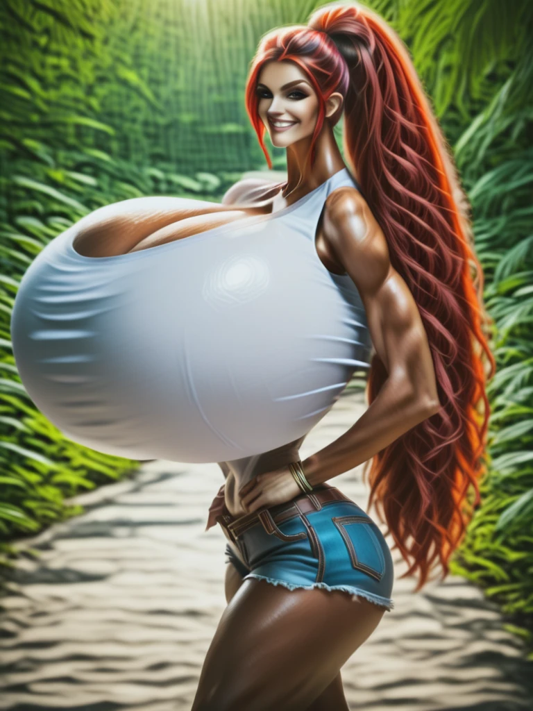 there is a woman in a red bikini posing for a picture, thicc, amouranth, better known as amouranth, showing off biceps, thicc build, strong pose, amouranth as a super villain, thick body, muscled, strong arms, muscular! cyberpunk, muscle, posing and flexing, physical : tinyest midriff ever