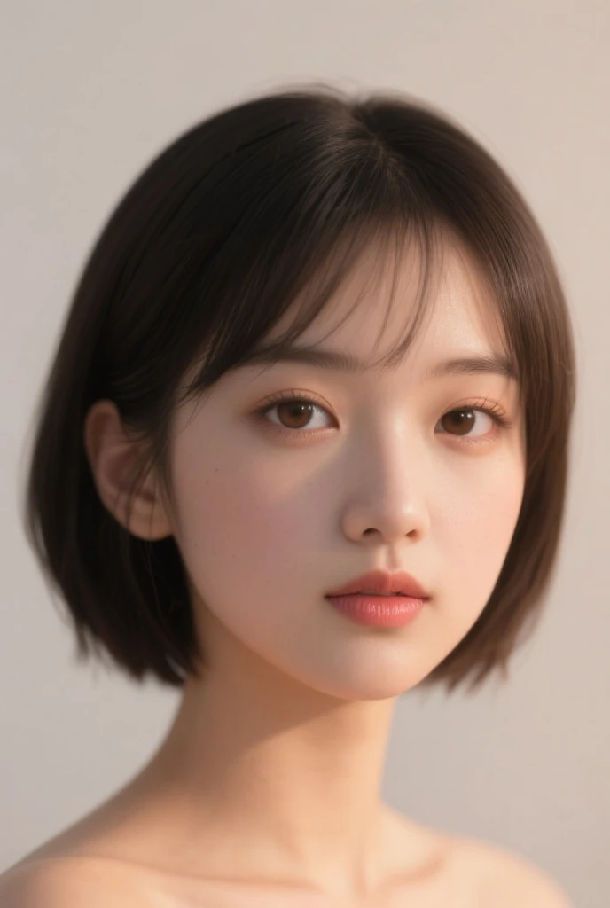 ((masterpiece, top quality, high definition)), 1 girl, (photorealistic: 1.4), solo, white background, snow-white background, mouth closed, happy smile, happy smile, pretty black hair, short hair, big eyes, clear double eyelids, eyelashes, ears out, long neck, long neck, absolute area, ((face close-up)), (drawing all head, shoulders), 19 years old, Attractive proportions, shiny skin, clean collarbone, golden ratio face, perfect face, teardrop mole, mole on chest, bangs, clean bangs, lip gloss, pale lips, pale skin, naked, big breasts, small face, small face, draw all head, draw all shoulders, from side, gaze staring at the camera