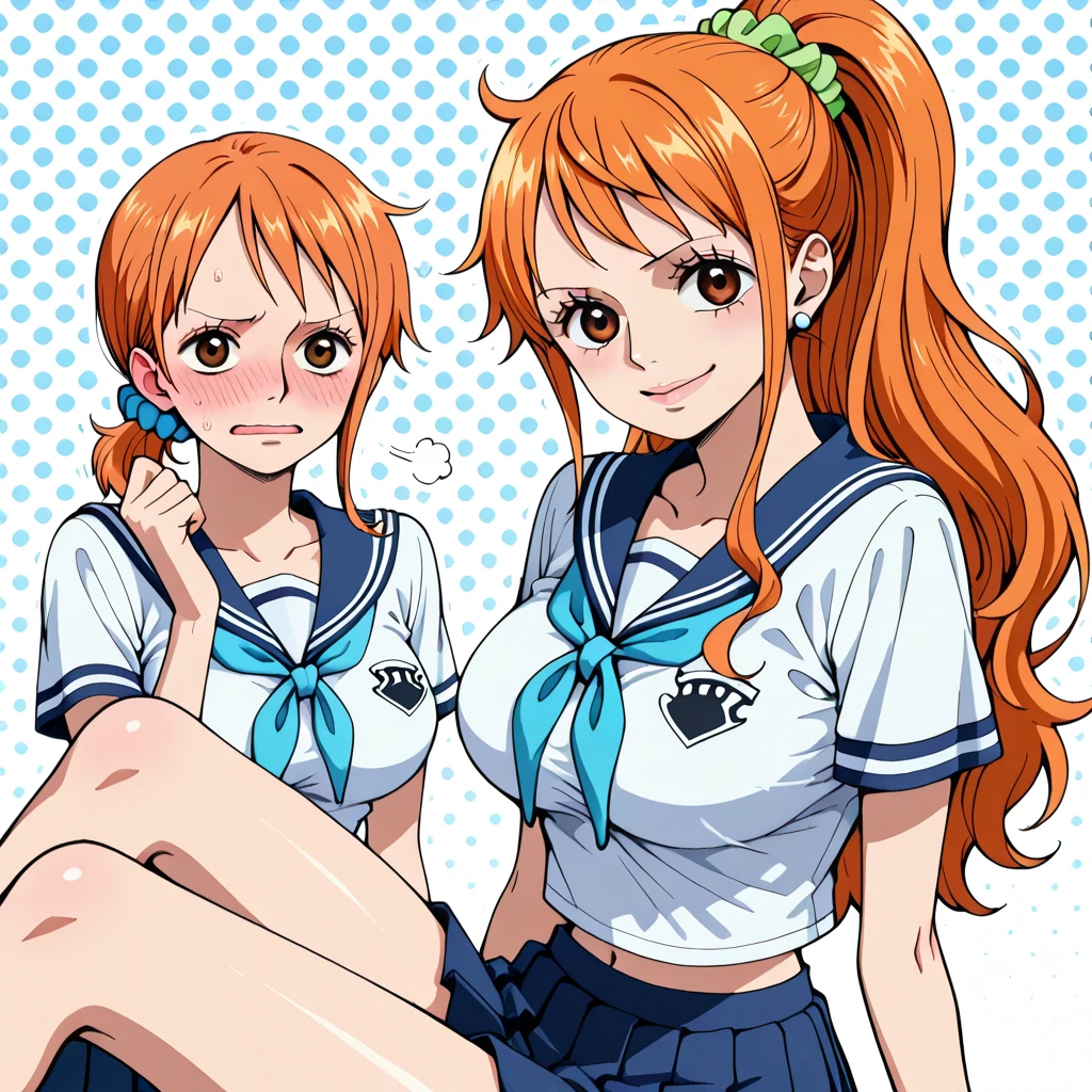 Create One Piece female character Nami、Hair in two ponytails, Being at Disneyland、Wearing white gloves、Hair color is orange、Good Style、full bodyesbian、innocent smiles、Wearing Minnie's headband