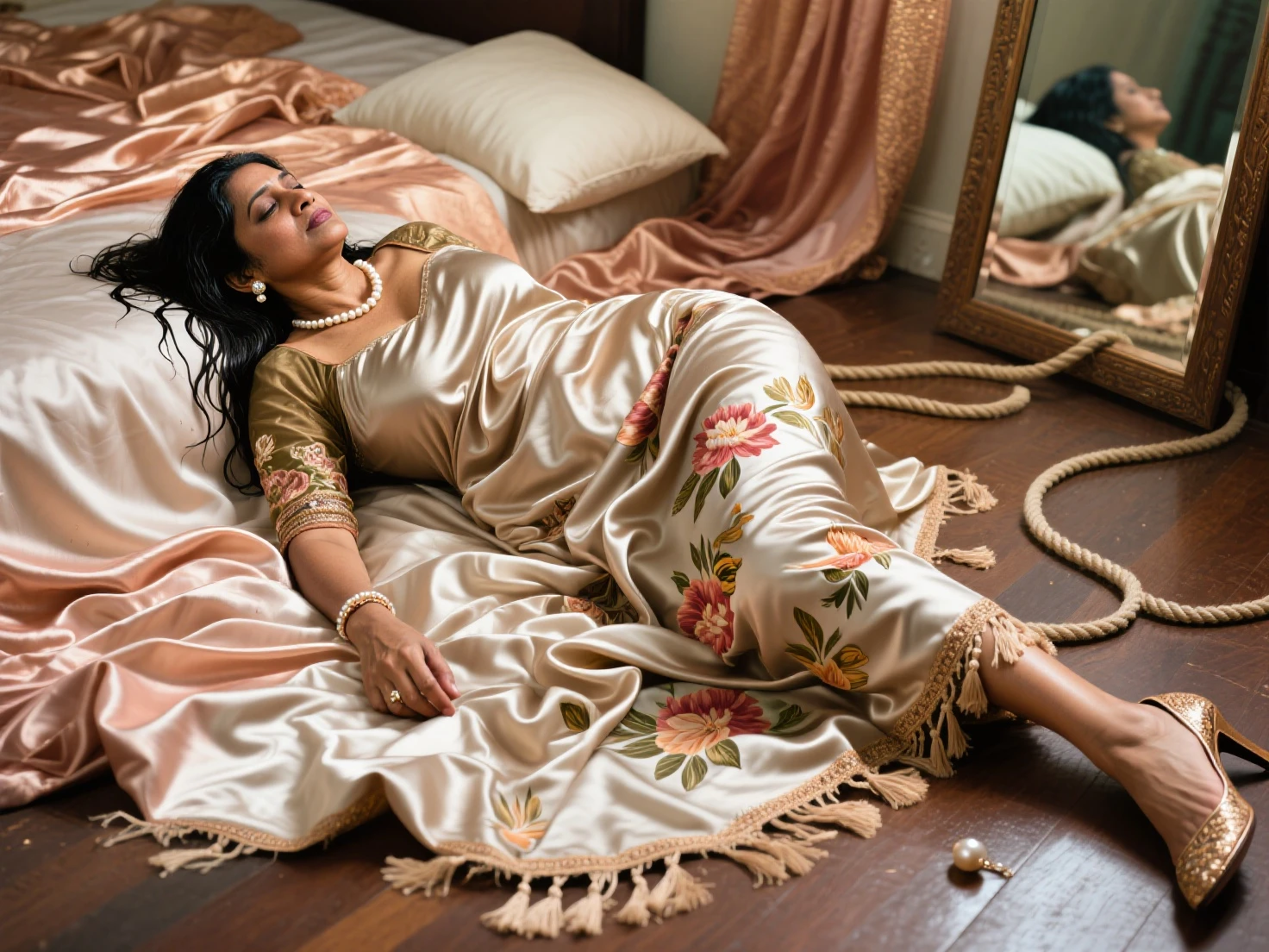 In a striking 8K HDR scene, a stunning Korean woman, 22 years old, lies peacefully in a coffin and coffin cover surrounded by plush pillows behind head. The deep box is set against a rich black background, accentuating the beauty of the subject. Her exquisite deep-V neckline kebaya attire is embroidered with superb detail, showcasing her round and firm breasts, perfect cleavage, and beautiful eyebrows. Her closed eyes and mouth give an air of serenity, while her visible and absolute cleavage leave nothing to imagination. The scene is bathed in saturated colors, highlighting every intricate aspect from the ball skirt to her clean face, straight body, detailed hand perfect hands, straight body, own hands together, own hand on stomach, detailed hands, perfect hands, holding the flowers, wearing higheels.