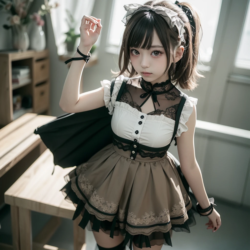 the Extremely Detailed CG Unity 8K Wallpapers、parfect anatomy、top-quality、ultra-detailliert、​masterpiece、realisitic、Photo Real、extremely detailed cute girl、20yr old、((skirt lift by yourself)))、(Lifted by yourself)、Black panties、panties focus、Black garter belt、red blush、cparted lips、looking at the viewers、Semi-body shot、