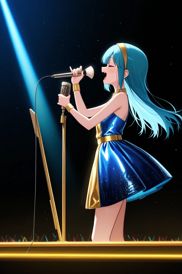 <lora:lynn minmay:1>,lynn minmay,Best Quality,(beauty), (1girl:1.5),phisically-based render ,ultra highres,(cowboy shot:1.5),narrow waist, skinny,big eyes,long legs,small breasts,puffy eyes ,(Concert stage), shiny skin, facing viewer, (blue hair with twin long drills:1.5), upper body, bare shoulders, (pink silk evening dress), sparkle, microphone, idol, singing,Oblique angle of view,