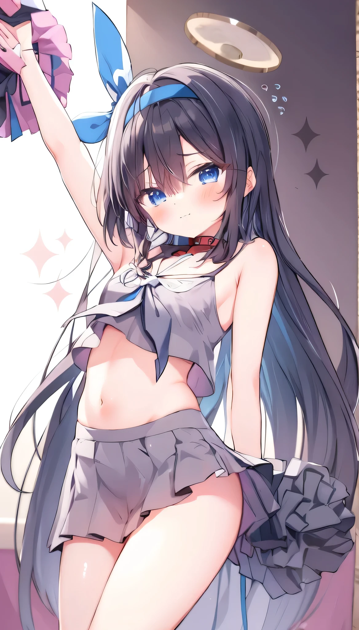 Girl in a long unbuttoned white shirt、Cute white bra、Cute white underwear、barefoot、Girl with super long black hair、Blue Ocean,Cumulonimbus and blue sky、Beautiful breasts、The cracks are clearly visible、Perfect hands、Perfect Legs、Cute mouth、smile