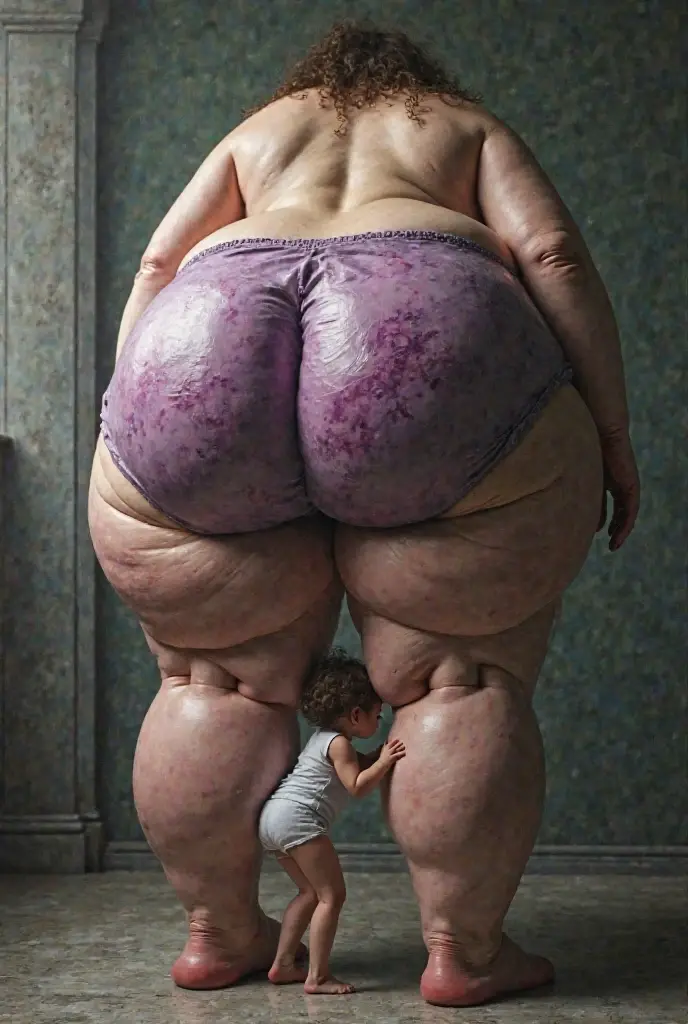 Create a photo of a 30 year old woman, frightened, with a slender and beautiful body, completely naked, with white and clear skin, with long light brown hair, wearing hoop earrings while being lifted high onto the shoulders of an obese age girl, did, who has short hair, who wears glasses and a blue dress