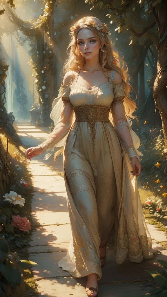 boho girl, feminine woman, ethereal beauty, elegant woman with delicate facial features, wearing a long flowy dress in soft fabrics, adorned with a flower crown, walking gracefully through a lush enchanted garden, surrounded by vibrant blooming flowers, vines, and soft foliage, immersed in golden hour light, dreamy and serene posture, warm sunlight casting golden highlights, whimsical fantasy atmosphere, romantic boho style with steampunk accessories, leather straps and vintage trinkets subtly integrated into her outfit, glowing skin with a soft expression, vibrant colors, nature elements like butterflies and dappled sunlight, realistic lighting and shadows, photorealistic oil painting style, finely textured brushwork, immersive environment, rich floral detail, emotional depth, enchanted and tranquil mood, enchanted forest garden setting, subtle lens flare, slight wind motion in fabric and hair, poetic aura, magical realism, (masterpiece:2), best quality, ultra highres, original, extremely detailed, perfect lighting