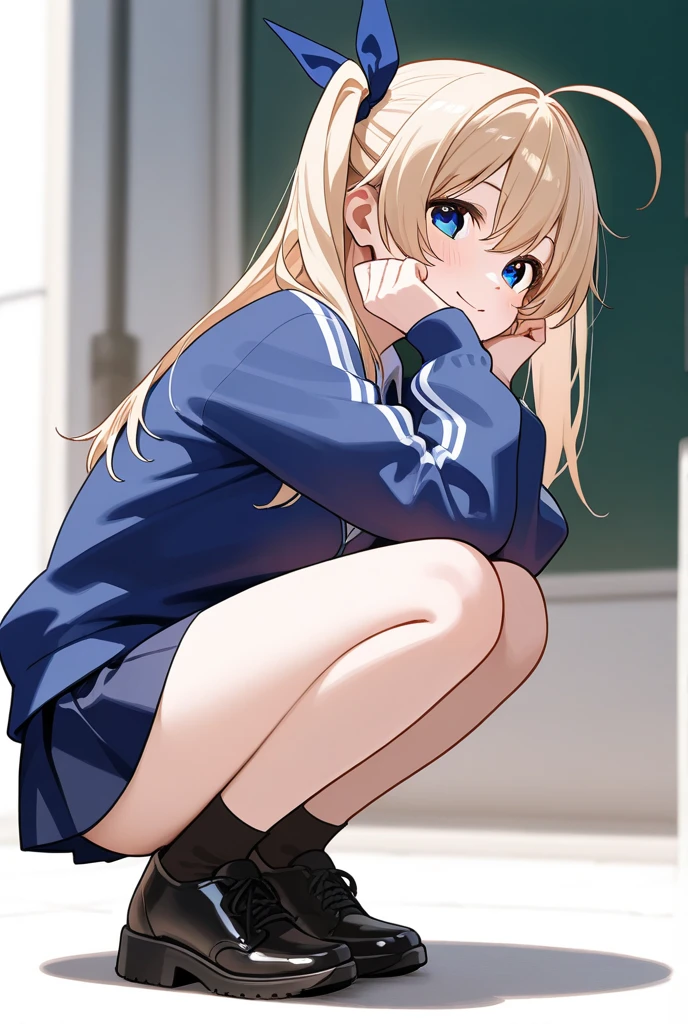 top-quality、supreme１People Girls,hightquality,A detailed face、A detailed eye、Detailed nose、Detailed mouth、 Beautiful expression, ((masuter piece)), ((High resolution)), ((Best Quality)), detail, (NSFW:1.4 ,With a disgusting face,Glaring at this), ((Skin shiny with sweat)), (School Athletic Clothes:1.2、Loose socks)、 girl with, a blond, (Half Twin Tail)、Sit at a desk and open your legs:1.3、fair white skin:1.3、、Smaller chest, cinmatic lighting, perfectly shaded,(((dark storeroom))), Realistic lighting with shades,Reflecting the whole body