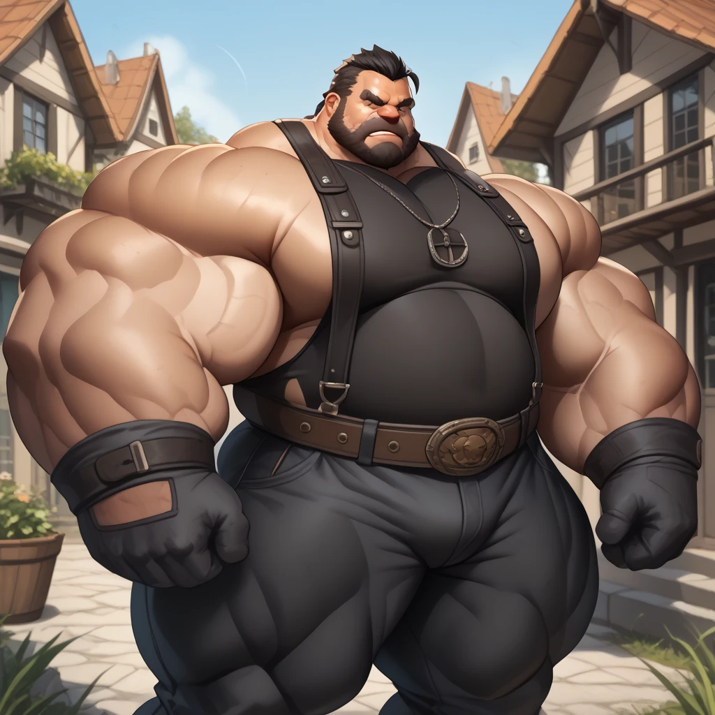 Orc, male, Strong build, green hairy skin, chest hair, black beard, long sharp teeth, large thick lower canine teeth, thick pointed ears, (glowing eyes: 1.2), giant sized, no pants, larger than city, reclining on a battlefield, buckled boots, stepping on building, rampage, impact, his foot is breaking the ground, wearing a rag around waist, looking down, evil smile, thick arms, thick thighs, (large pecs: 1.4), fat pecs, (bara pecs: 1.6), macro, landscape dwarfing, city destruction, building destruction, ruined city, city on fire, city dwarfing, giant bulge in pants, tiny human soldiers