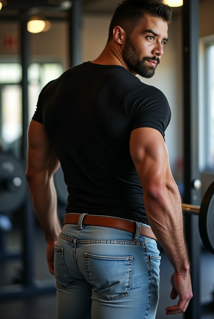 hombre musculoso salvaje, (40 year old daddy:1.1), 1 chico, Solo, (vistiendo una camisa a cuadros roja afuera), (camiseta gris por dentro), (hombros grandes), musculatura, rastrojos, barba corta, ojos bonitos:1.3, ), (cara detallada:1.3), Usando lentes, smiles, dynamic angle, (mejor calidad, A high resolution, fotorealista), cinematic lighting, Obra maestra, foto cruda, detalles intrincados, hdr, cuerpo completo, Bubble butt, jeans backside backside manly