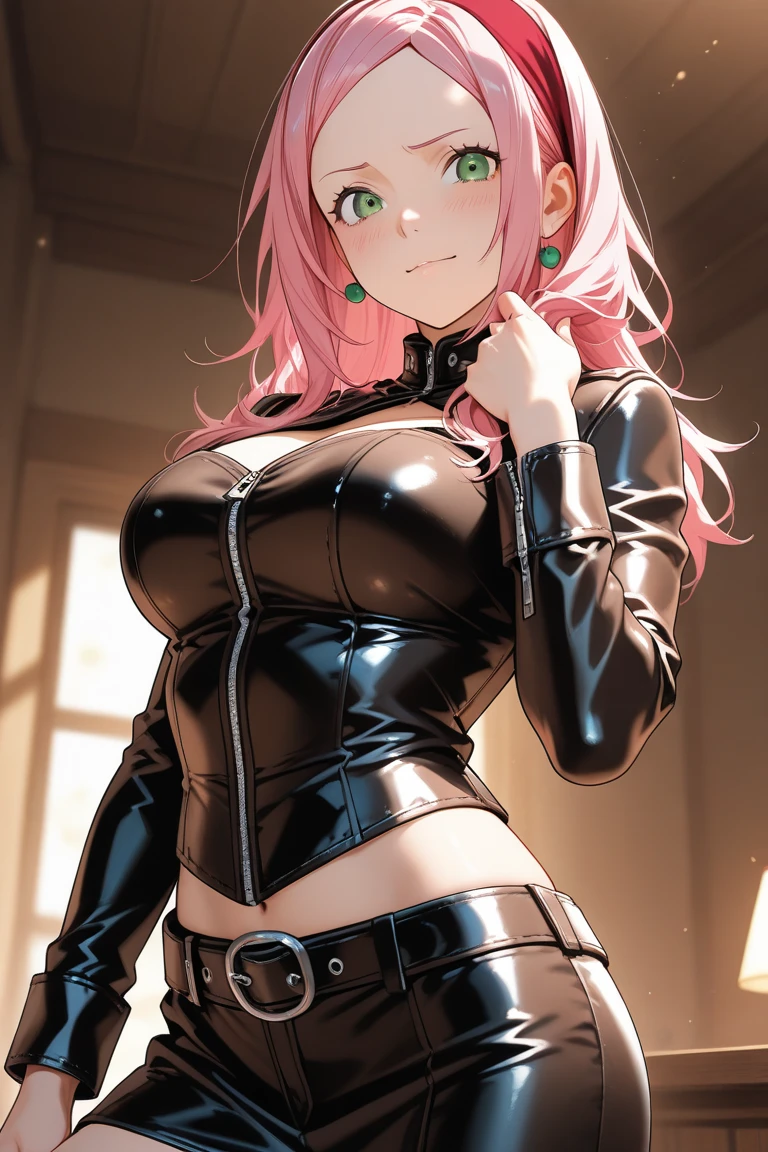 Perfect face. Perfect hands. A pink haired female reaper with violet eyes with an hourglass figure in a sexy lace dress is posing in the club with a big smile
