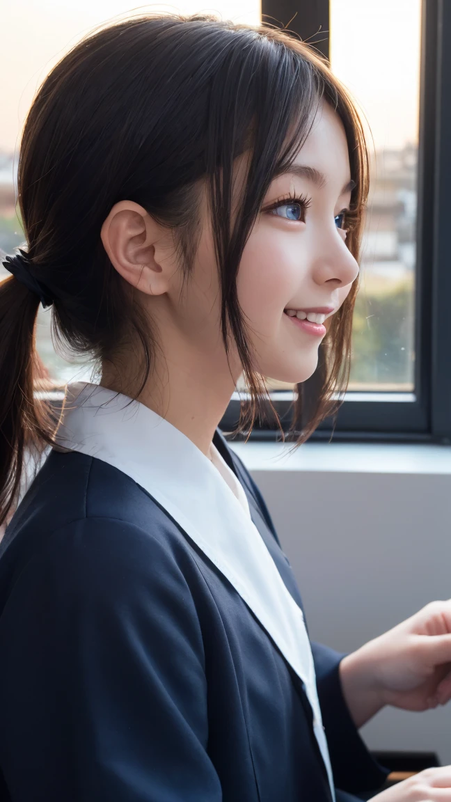 (Highest quality,masterpiece:1.3,Ultra-high resolution),(Very detailed,Caustics,8K),(Realistic:1.4,RAW shooting),(School classroom),(Girl resting her chin on the desk),Sit on a chair,18-year-old,cute,Japanese,Looking into the camera,Black hair ponytail,Sailor suit,(The light coming in from the window illuminates the girl:1.1),(Curtains swaying in the wind),(Bust up shot),(Face Focus),(Face close-up),Low position,Low Angle,Natural light,Smile,