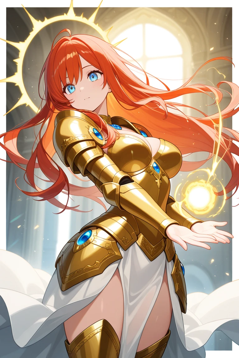 young girl, llong orange hair, Cyan eyes, white fencing dress, Sleeveless, open breasts, long skirt, sword, Gold Elements, gems, Masterpiece, hiquality