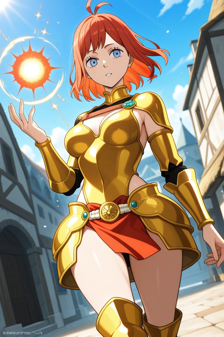 (solo), (bodysuit), (smile), pale skin, (pale), indoors, large breasts, ((holding a spear)), weapon, spear, happy, radiant glow, ((cowboy shot)), (holy aura), orange hair, ginger hair, long weapon, lance, holding a lance, golden lance, (one lance), ((one lance)), (golden lance)