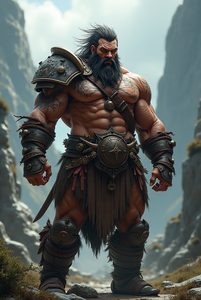 Make a very muscular warrior like a monster with a very big axe and very strong and angry