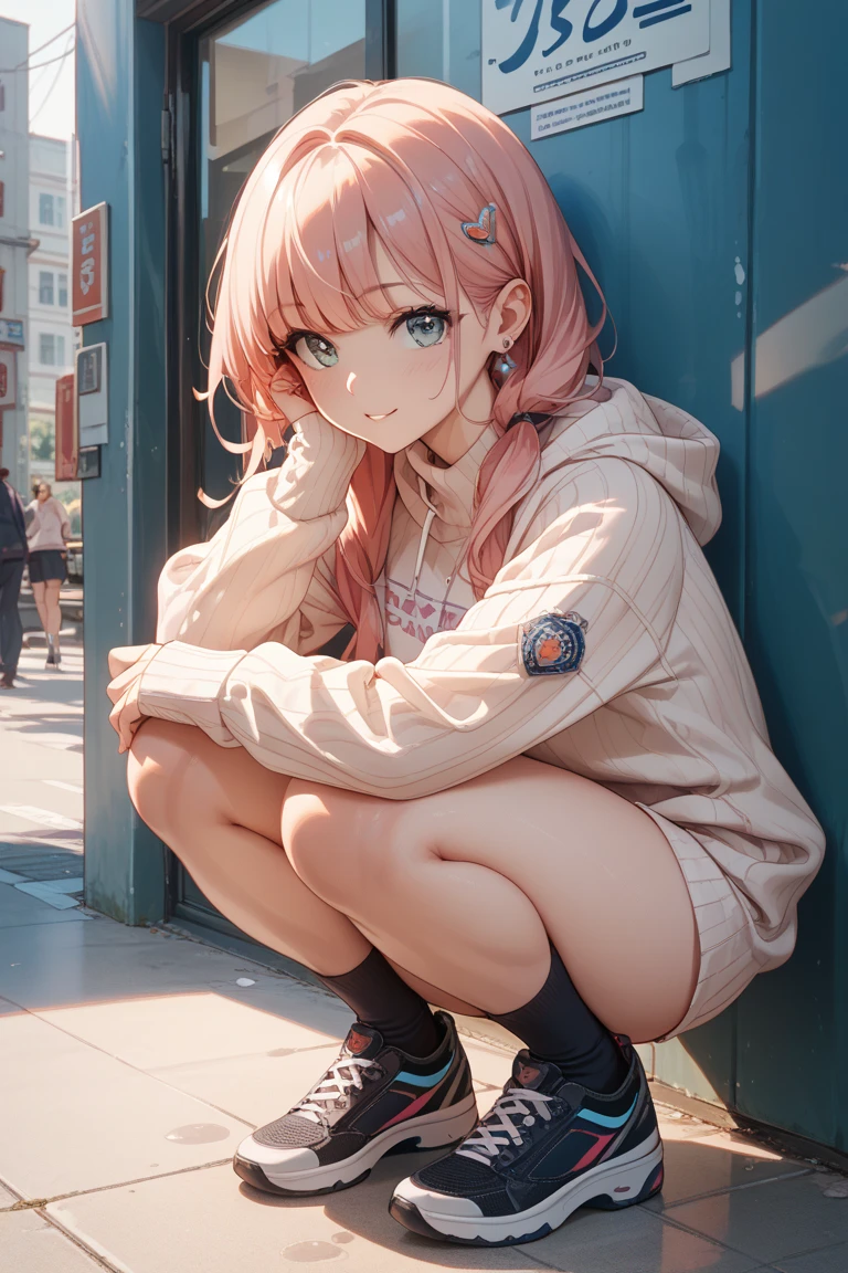 Cute girl, pink bows, pink hoodie, blue eyes, stars, hearts, plushies, boots, high definition, 8k, (((Nice hands))), cute face,