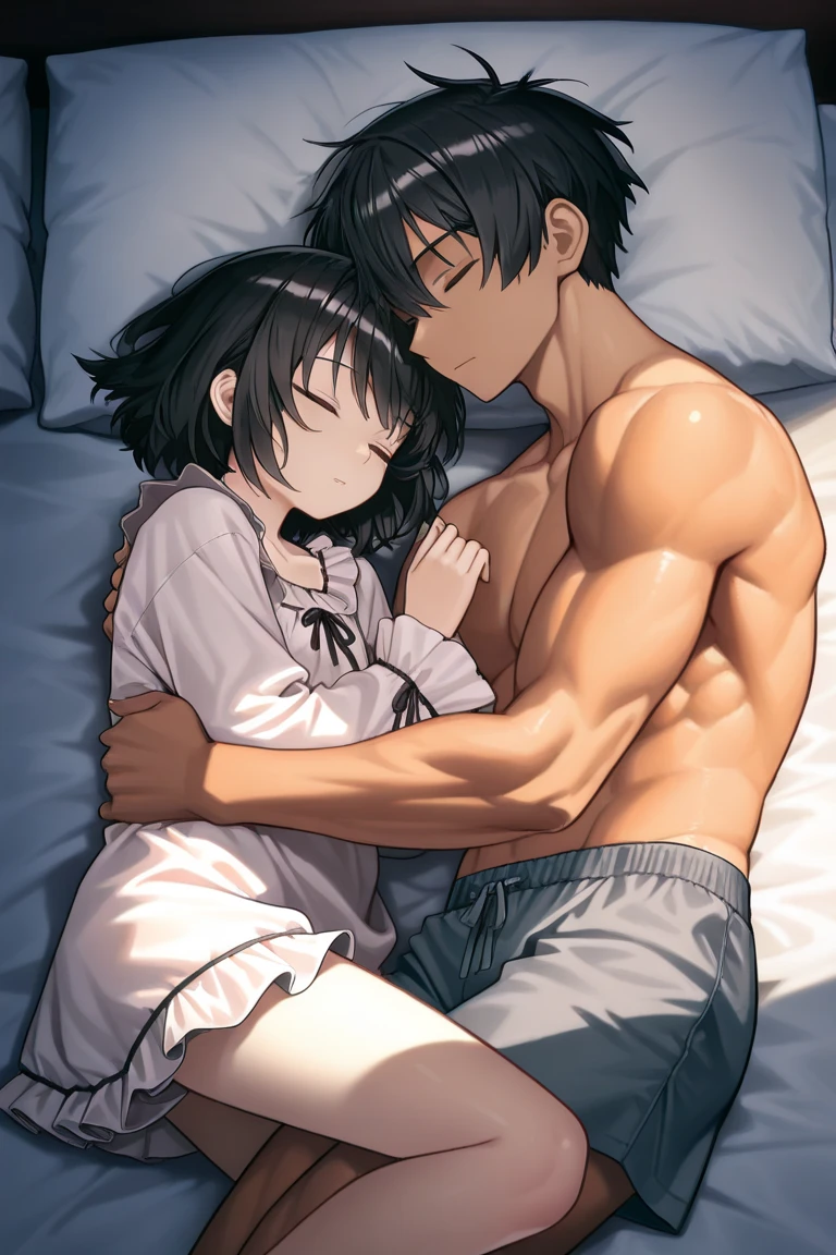 anime style depiction of a dark tan skinned girl clad in a bikini top and skirt, snuggled closely with a white handsome boy wearing a t-shirt, boy comforting her stomach, sleeping in bed