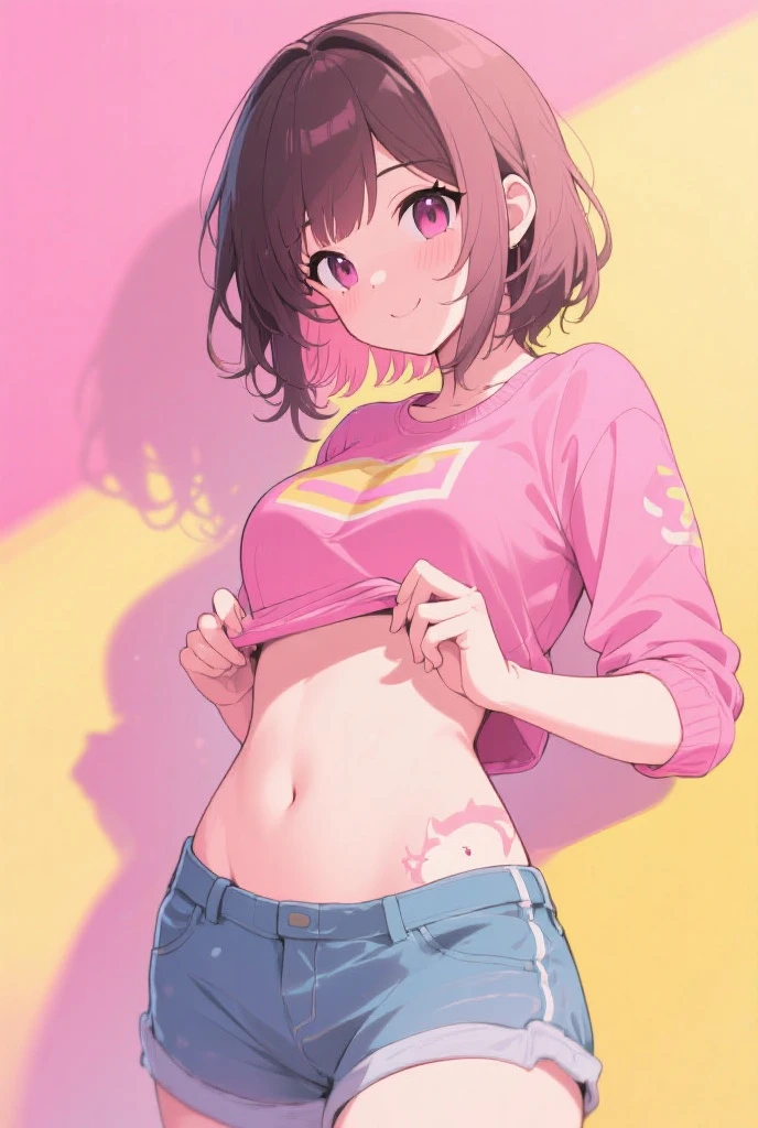 masterpiece, best quality, purple eyes. nishikino maki, (red medium hair:0.966), romantic , wavy hair,low white leggings,sky blue tank top ,pink crop jacket , navel, crotch visible , head tilt,wink, headphones, MP3 ,breasts, covered nipples