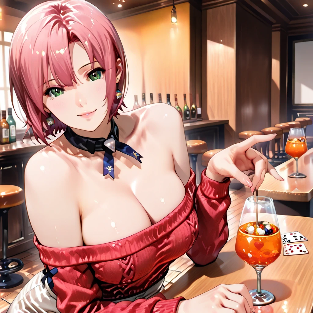 (high-level image quality), (high quality), (high resolution), (detailed), (masterpiece), ((detailed eyes)), beautiful woman, ((caucasian)), green eyes, red hair, short hair, dark red lipstick, busty, slender body, Detailed eyes, perfect eyes, Detailed face, sensual dress, backside, seductive face, nsfw, ((club)), portrait