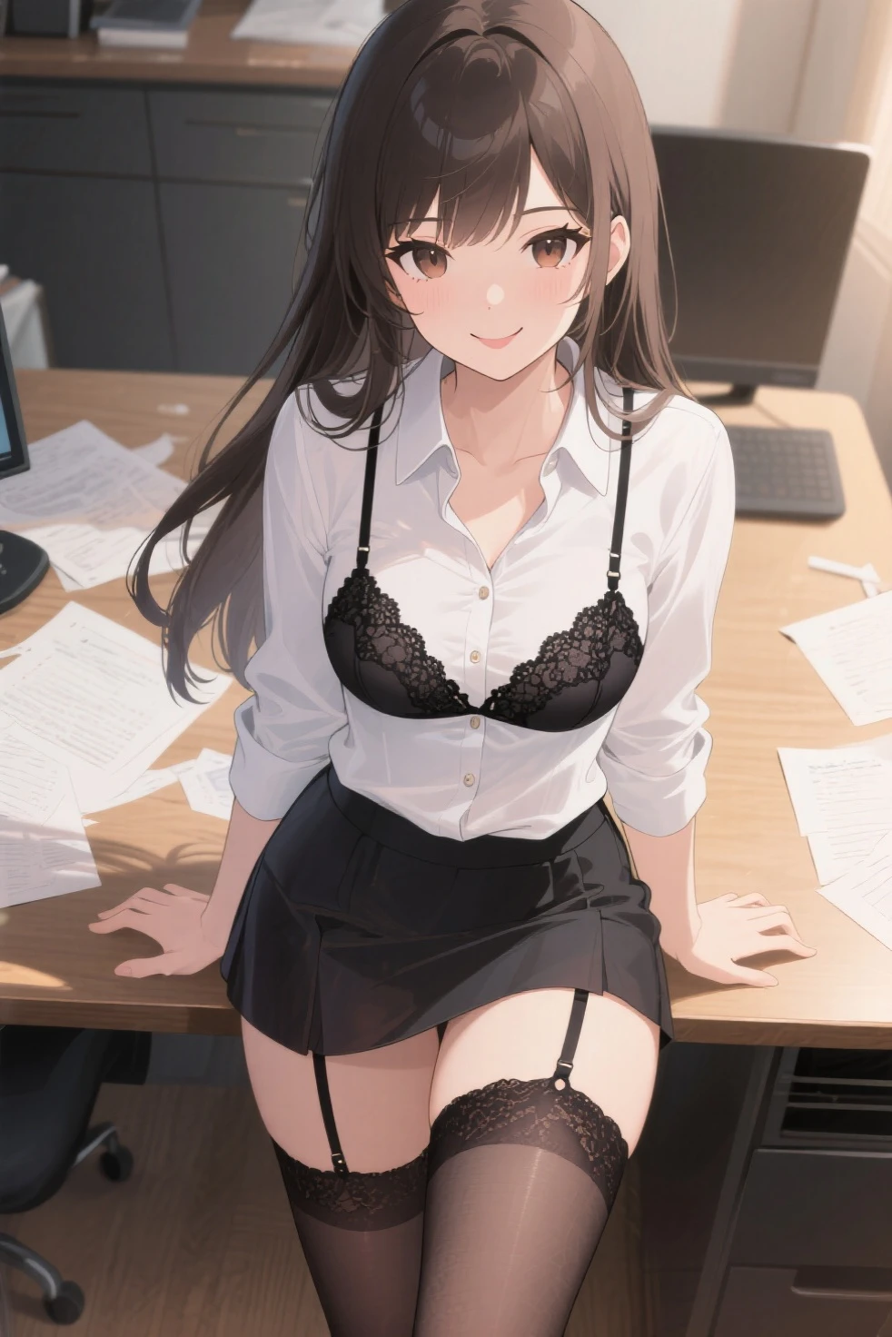 (Highest quality, High resolution, Very detailed), Brown Hair, Long Hair, Reddish brown eyes, office staff suit skirt, lace thong bra, Large Breasts, Perfect Makeup, necklace, secretary, 24th generation, Beautiful woman, mature, quiet, Calm, A small smile, office,