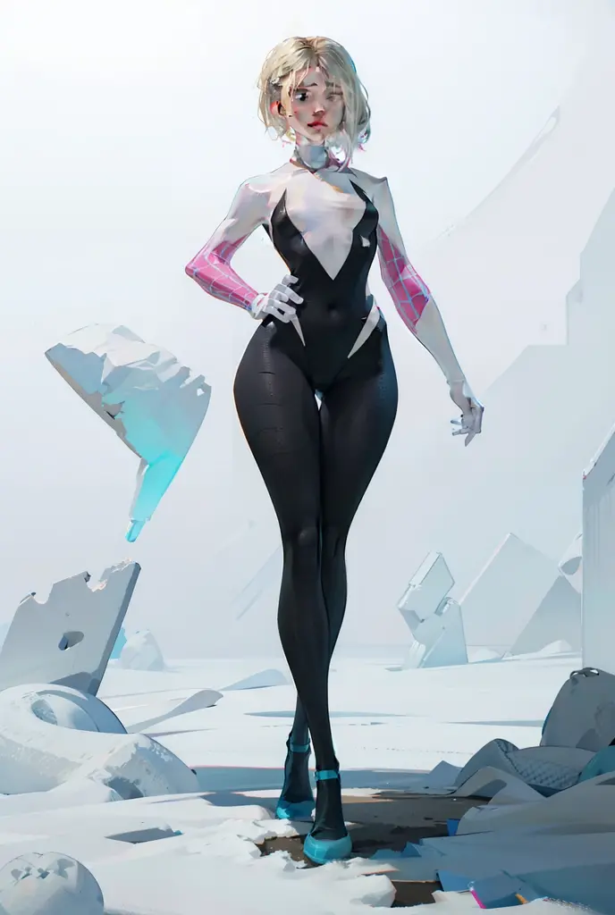 Illustration, UHD, retina, masterpiece, accurate, anatomically correct, super detail, high details, high quality, award winning, best quality, highres, good anatomy, 1080P, HD, 4K, 8k, 16k, 1girl, dynamic pose, androgynous, full body detailed eyes, detailed clothes, detailed hair, rendering, Spider Gwen, Gwen Stacy, Medium Breast