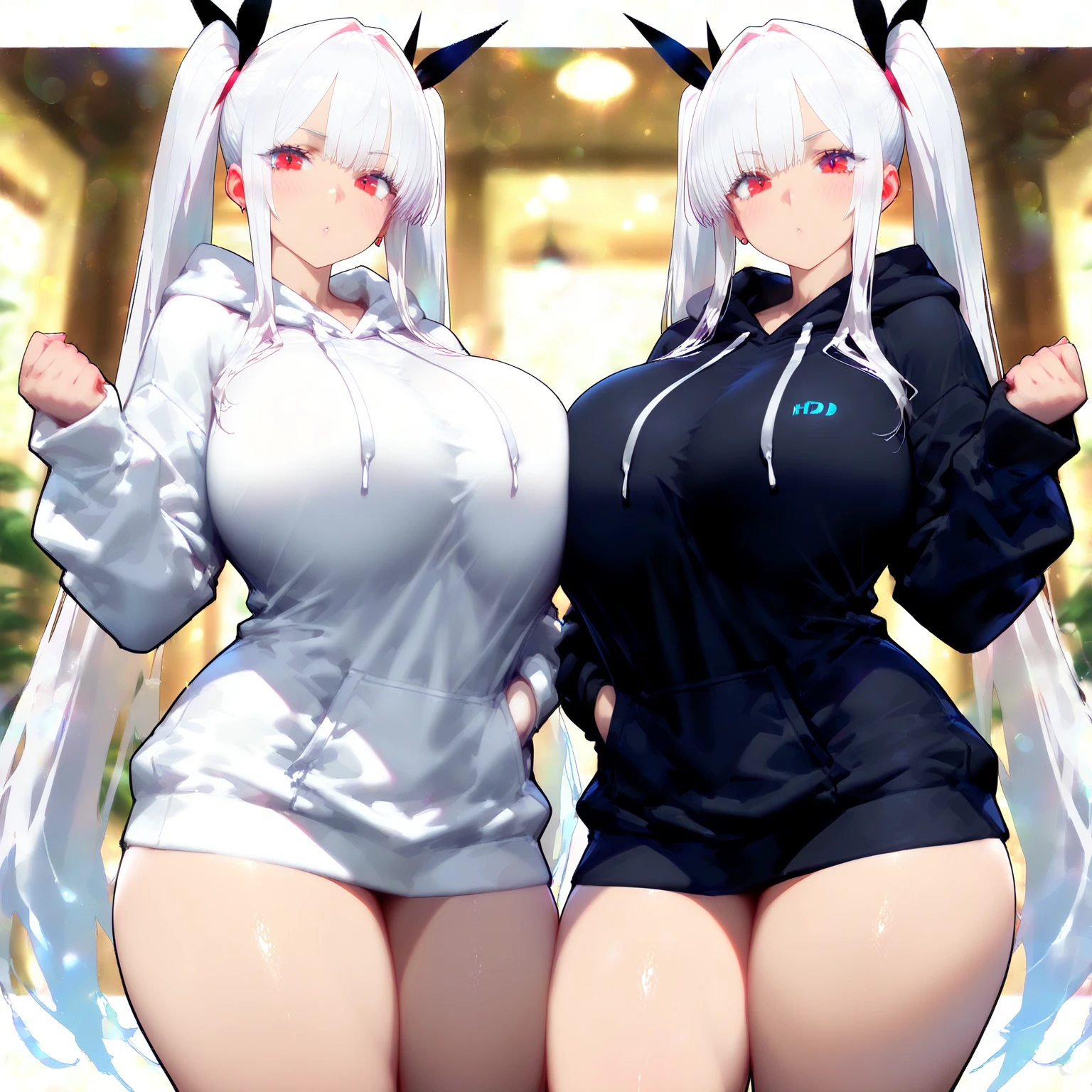 2girls, dark-skinned females, dark-skinned female, dark skin, white hair, long hair, large breasts, breasts, wide hips, yellow eyes, smile, bodysuit, black bodysuit, white trim, sleeveless, black pantyhose, pantyhose, futuristic, tech, science-fiction, full body, ((full body)),