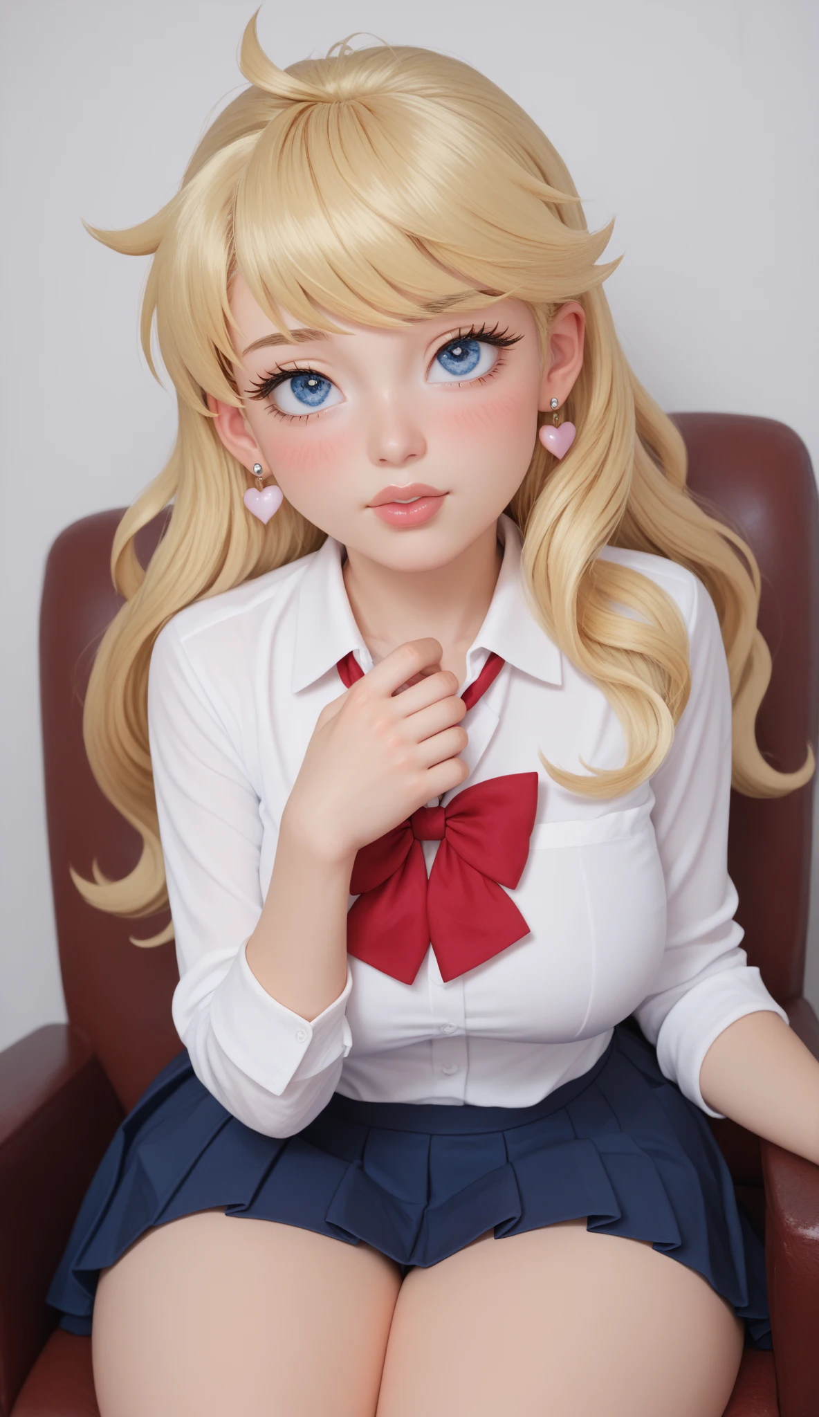 (masterpiece, best quality:1.2), solo, 1girl, tatsumaki, unamused, closed mouth, looking at viewer, hand on own face, sitting, crossed legs, collared shirt, necktie, skirt,green hair, green eyes,big thighs 