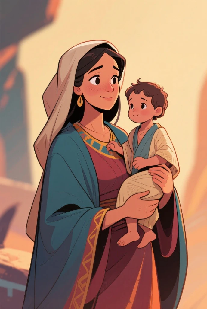 [Core Concept] A scene from ancient Egypt, depicting a Hebrew mother holding her newborn baby.

[Character Description] The Hebrew mother is shown cradling her newborn , her expression a blend of tenderness and resilience. She is dressed in the traditional garments of the time, with a long, flowing robe and a headdress that partially obscures her face, symbolizing her cultural identity.

[Environment/Background] The scene is set against the backdrop of ancient Egypt, with the distinctive architecture and architectural elements of the era visible in the distance, such as grand temples, obelisks, and the iconic pyramids.

[Style and Atmosphere] The overall atmosphere is one of reverence and historical significance, capturing the timeless essence of this moment in the lives of the Hebrew people within the broader context of ancient Egyptian civilization.

[Composition] The composition places the mother and child at the center, with the surrounding environment subtly framing and accentuating the intimate, tender moment they share.

[Details and Embellishments] The intricate details of the mother's garments, the newborn's swaddling, and the architectural elements in the background all contribute to the sense of authenticity and historical accuracy.

[Technical Specifications] The scene is rendered in a realistic, high-resolution style, with a focus on capturing the nuances of light, shadow, and texture to create a vivid and immersive visual experience.