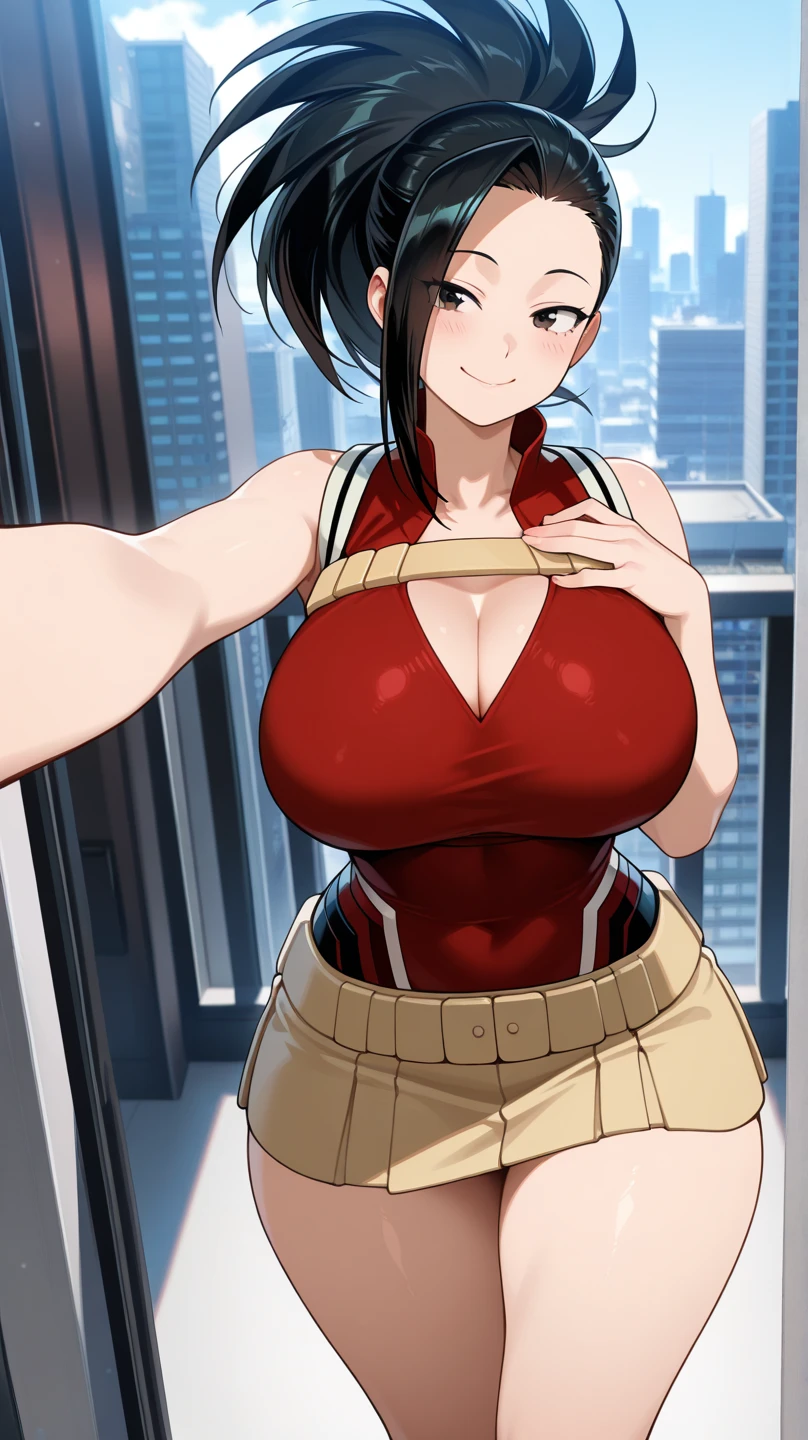 score_9, score_8_up, score_7_up, source_anime, yaoyorozumomo, yaoyorozu momo, long hair, bangs, black hair, ponytail, black eyes, high ponytail, wide ponytail, shouting, fighting stance, navel, cleavage, bare shoulders, belt, leotard, bare arms, center opening, red leotard, beltskirt, outdoors, cityscape, looking at viewer, upper body, huge breasts,S2Z0n1c21.5XL style, solo, girl, girl、Blushing cheeks、shyly smile、optic、large full breasts、hair pin、a necklace、piercings、Crawling on all fours on the bed、depth of fields、lickling lips、Tongue licking、Glossy reddish-brown shorthair、Black eyes、clavicle、Beautiful fingers、Hourglass body, Big breasts, large breasts, nipples shot,