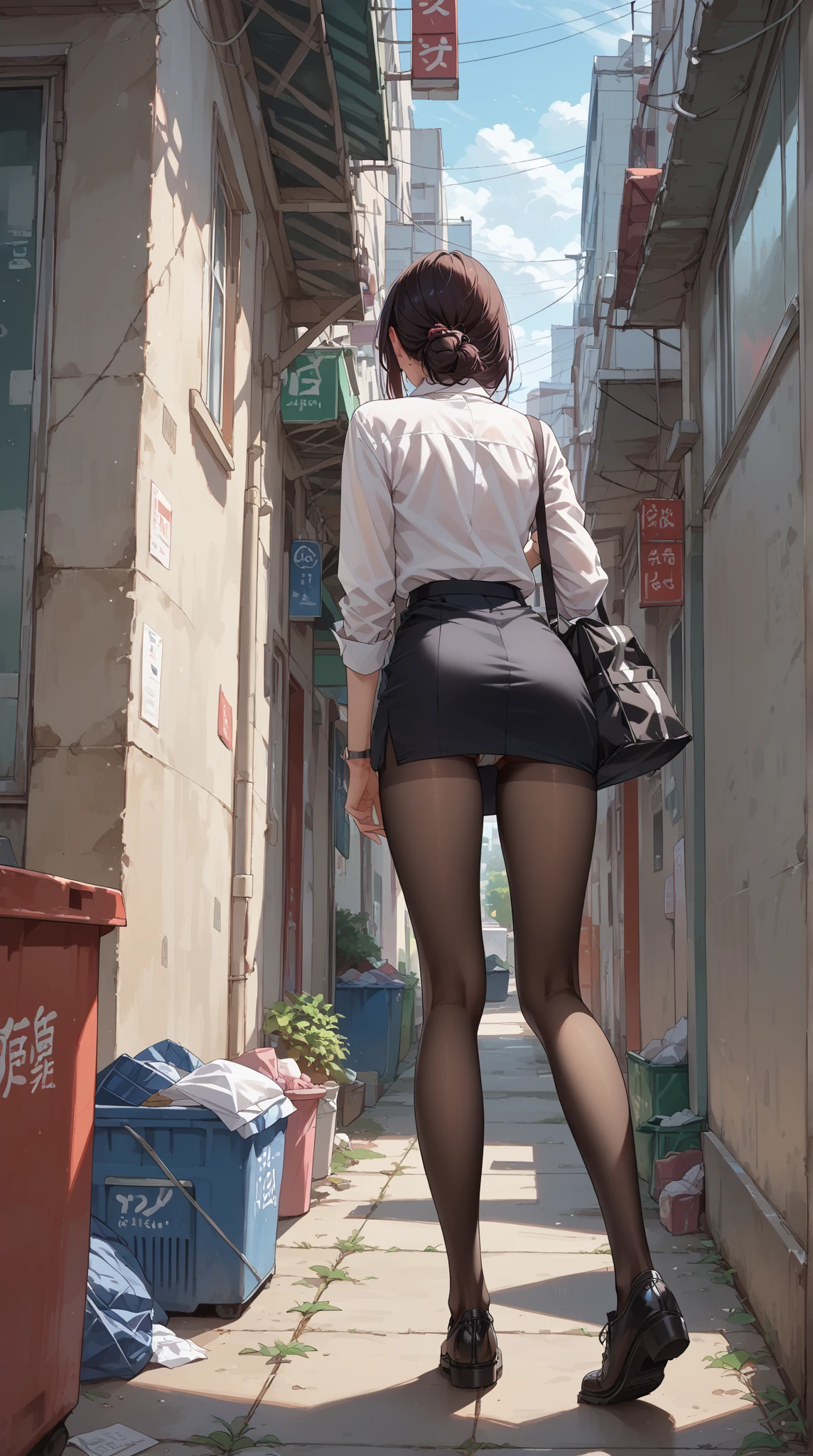 Photorealistic, best quality, high res, meticulous detail, a hot beautiful woman walking in the alley at night, big hips, long legs, blonde hair, sexy, back shot