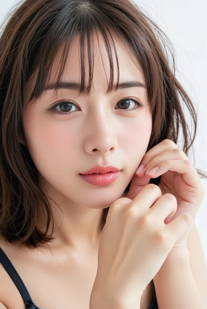 (((Ultra-high resolution、close、Cute Japanese Woman)))、顔のUltra-high resolutionクローズアップ画像を作成してください。
Long, straight black hair frames her face。
So that every single hair is clearly visible、Depicts subtle color changes depending on the amount of light hitting the subject。
The skin is white and smooth、Has a natural glow。
Fine skin texture、Representing the fine details of pores。
amountや頬に薄い赤みがある部分を詳細に。
The eyes are almond-shaped and dark brown.。
Fine details of the iris、Depicts color gradations and patterns。
Long, natural-looking eyelashes, each and every one visible。
Well-groomed eyebrows、indivual々The hair is clearly visible。
Light reflects off into the eyes、Create small highlights。
noseは繊細で、nose孔の細かいディテールがある。
Lips are plump and naturally pink。
Depicts the fine lines and soft curves of the lips。
Shiny、Accentuate the shape。
Detailed depiction of lip texture。
Particular attention to the depiction of light and shadow。
Soft natural light gently illuminates the face from the front。
amount、nose、Creates a subtle glow on the cheeks。
Shadows are cast softly along the contours of the face、cheekbone、Jaw Curve、noseの側面を強調。
The gloss of her lips reflects the light faintly.、Emphasizes plump texture。
The shadow of the hair adds depth and dimension.、indivual々The hair shines in the light。
The background is simple and blurred.、Focus on the face。
In the highest quality、Representing the utmost detail。
Negative prompts:

Noisy Images、Low resolution、Avoid blurry detaily hair is messy、Avoid unnatural hair textures。
Skin is unnaturally smooth、Avoid overly processed skin images。
Pores are invisible、Avoid products that have lost their skin texture。
Flat iris、Avoid those that lack detailed information。
short lashes、Avoid unnaturally thin eyebrows。
Light reflects off into the eyesていない、Avoid those with expressionless eyes。
noseのディテールが欠けているものは避ける。
Dry lips、Avoid unnatural colors。
Lip texture is not visible、Avoid non-shiny items。
Poor balance of light and shadow、Avoid evenly lit faces。
amount、nose、Avoid products that don&#39;t have a glow on your cheeks.。
cheekboneやJaw Curveが強調されていないものは避ける。
The shadow of the hair is shallow、Avoid things that lack volume。
The background is complicated、Avoid images where the face is not in focus。