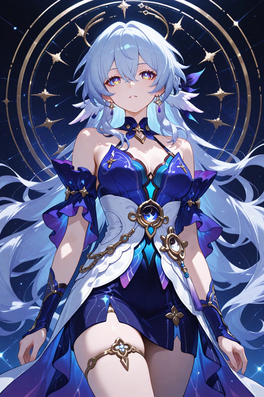 1 girl、Silver Hair、ponytail、Fantasy、witch、Blue clothes、Purple decoration、accessories、Villain、(Magical Items)、whole body