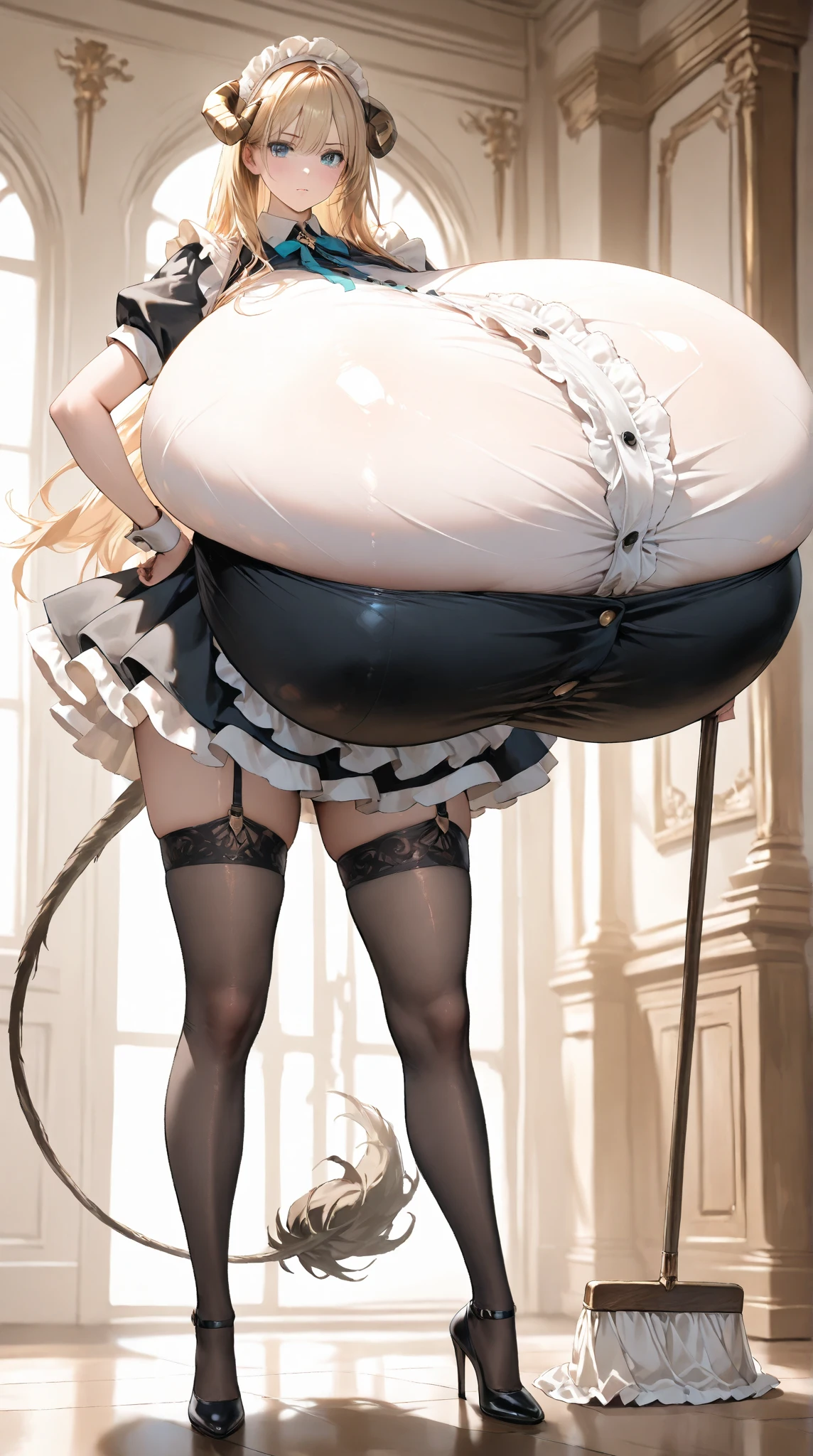 1girl, cute, innocent, sweet, shy, maid, maid outfit with frills, absurdres, high res, ultrasharp, 8K, masterpiece, (cell vore), (tail vore:1.3), struggling