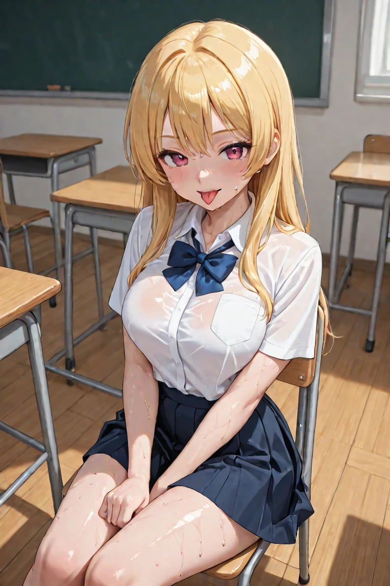 (long shot, looking away, shift character off center, draw the face precisely), (Erina Nakiri climbing man and hugging man and insert man into her crotch), Erina Nakiri thrusts her crotch forward, (her crotch must be touching man), Erina Nakiri uses her crotch to push man), open her legs, Includes crouching pose, (straddling on the man), ((for masturbation, orgasm)), (in the some place), man to the crotch, pinch nipple over clothes, ((her love juice drops down her thighs)), ((best quality)), ((masterpiece)), (detailed), perfect face, Erina Nakiri, blond hair, long straight hair, big chest, ((sex)), orgasm, zenith, class room background, , Ahegao, school uniform, half naked, junior position, skirt, stockings, open nipple