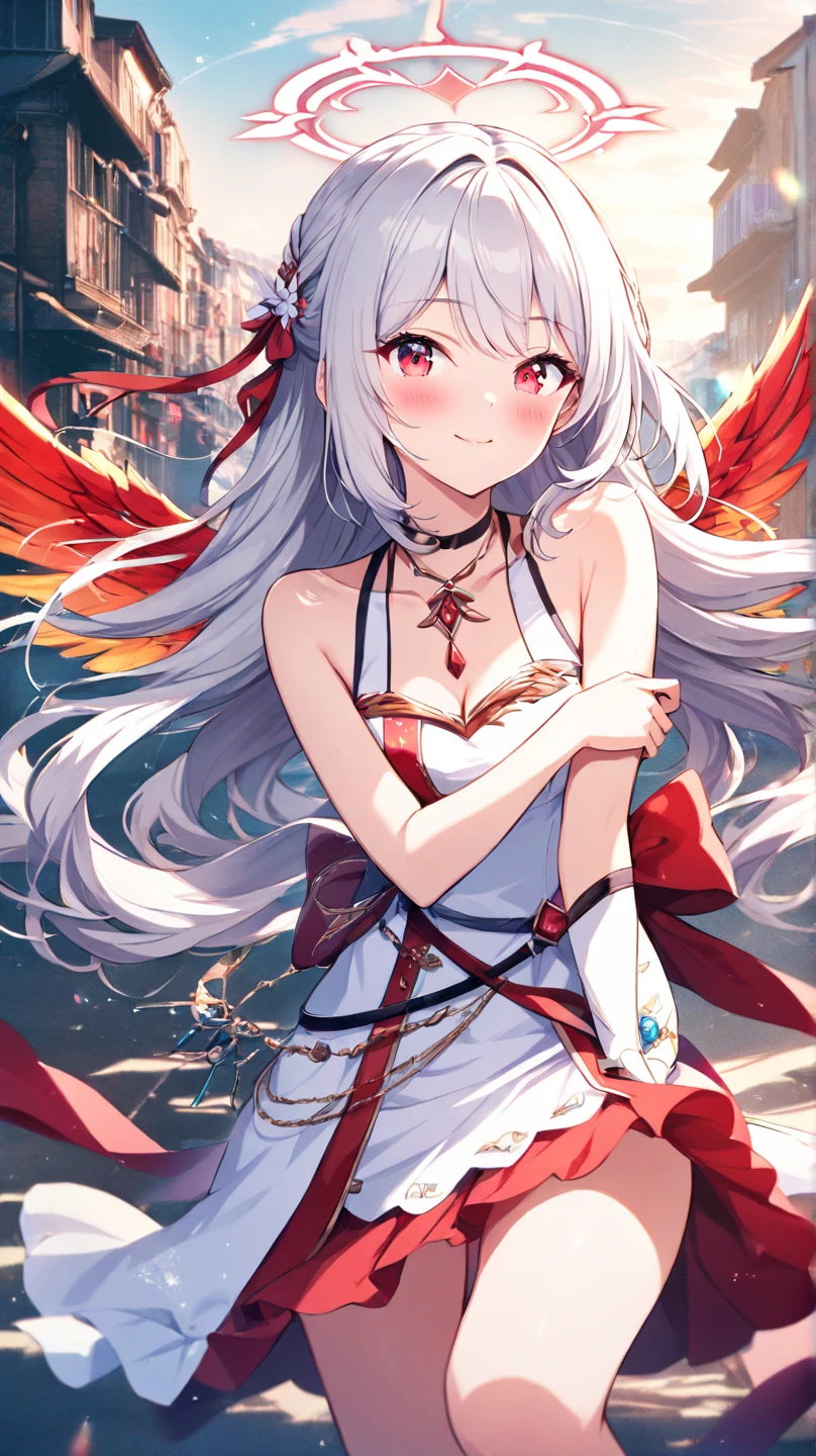 Close-up, looking at the camera, beautiful girl, garlic, flower, (beautiful girl), delicate facial features, detailed portrayal of the corners of the eyes, bust photo, moist lips, sad eyes, long white hair, smooth and delicate skin, ((red clothes)), red long skirt, bare thighs, brilliant and colorful, fantasy art, mysticism, dream scene, dream, dream light, seduction, psychedelic, misty halo, (((night))), ((night)), river bank, full of flowers on the other side, dreamy, flying red tiny petals, Red fluorescent petals, fluorescent flowers, fluorescent flowing water, standing in water, shallow water, master works, extreme detail, dissection correctly, correct limbs, accurate, hud, HD, exquisite details, 8K, red light