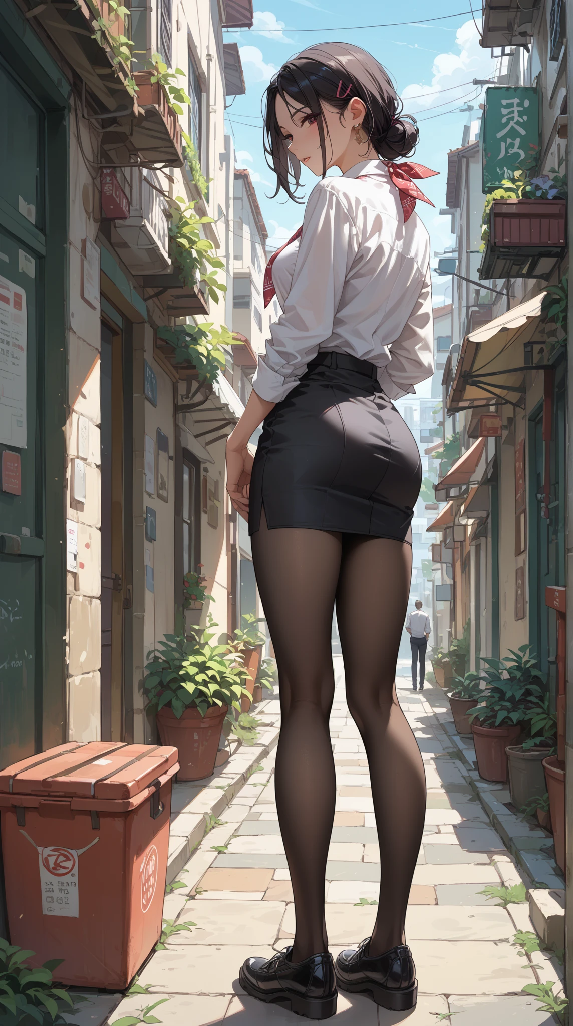 masterpiece, best quality, High Definition Beautiful woman, beautiful face woman bending over in the street showing her butt, patern flower skirt:1.1, with a beautiful smile, beautiful face, long hair, no thong, no underwear, no panties, beautiful pussy, street,